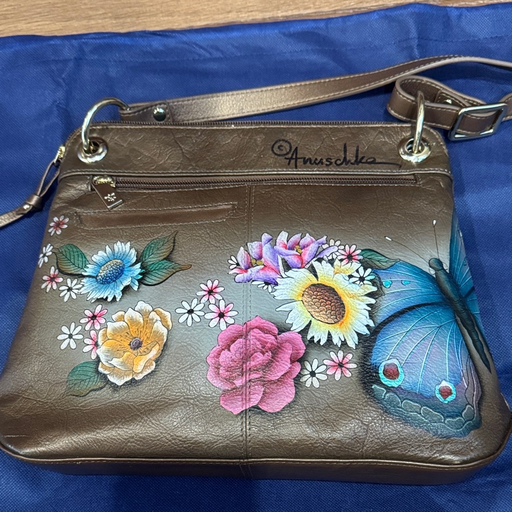 Anuschka golden/bronze Crossbody Bag with Floral and Butterfly Art